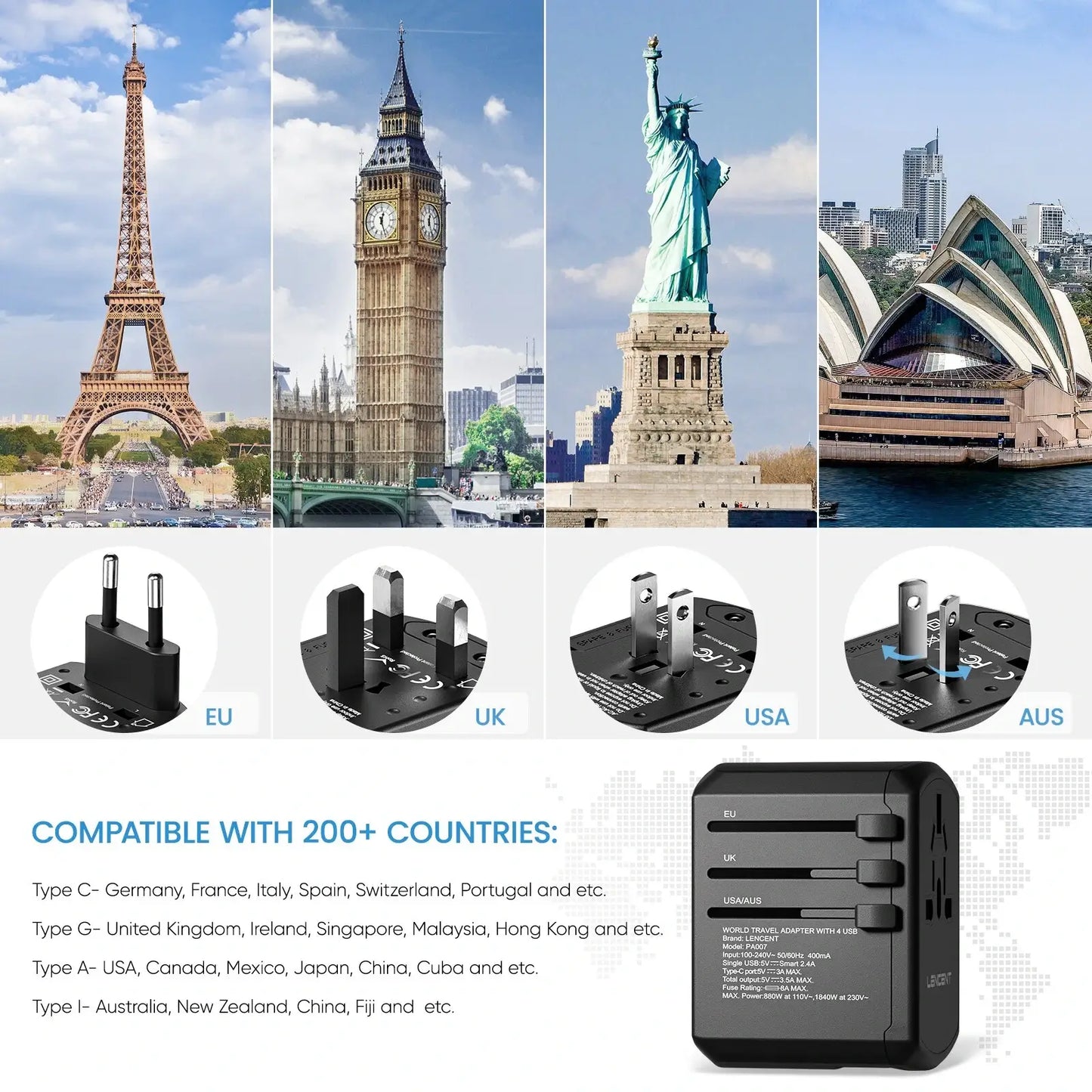 Universal Reiseadapter Steckdosenadapter für Weltweite Verwendung (EU/US/AU/UK Stecker) - cyberphone