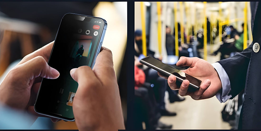 Privacy Glass für iPhone in Action, im Bus, Sichtschutz mit abgedunkeltem Bildschirm