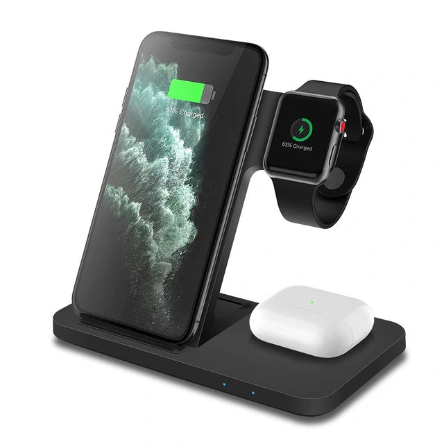 3-in-1 Apple Watch / iPhone / AirPods Ladestation Dockingstation mit Geräten