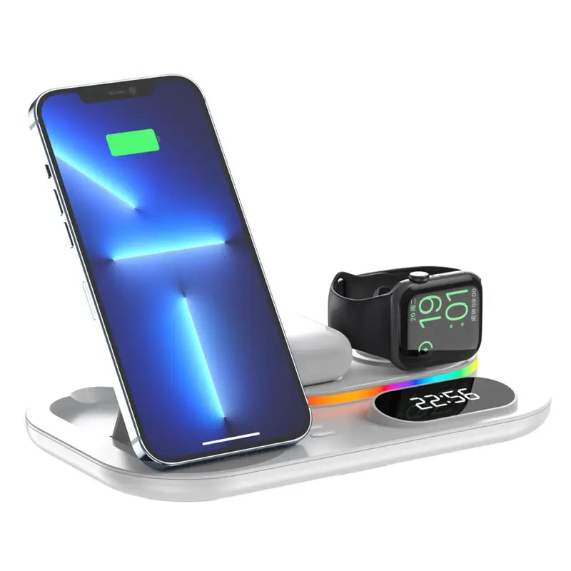 4-in-1 Apple Watch / iPhone / AirPods Ladestation Dockingstation (30W) mit Geräten